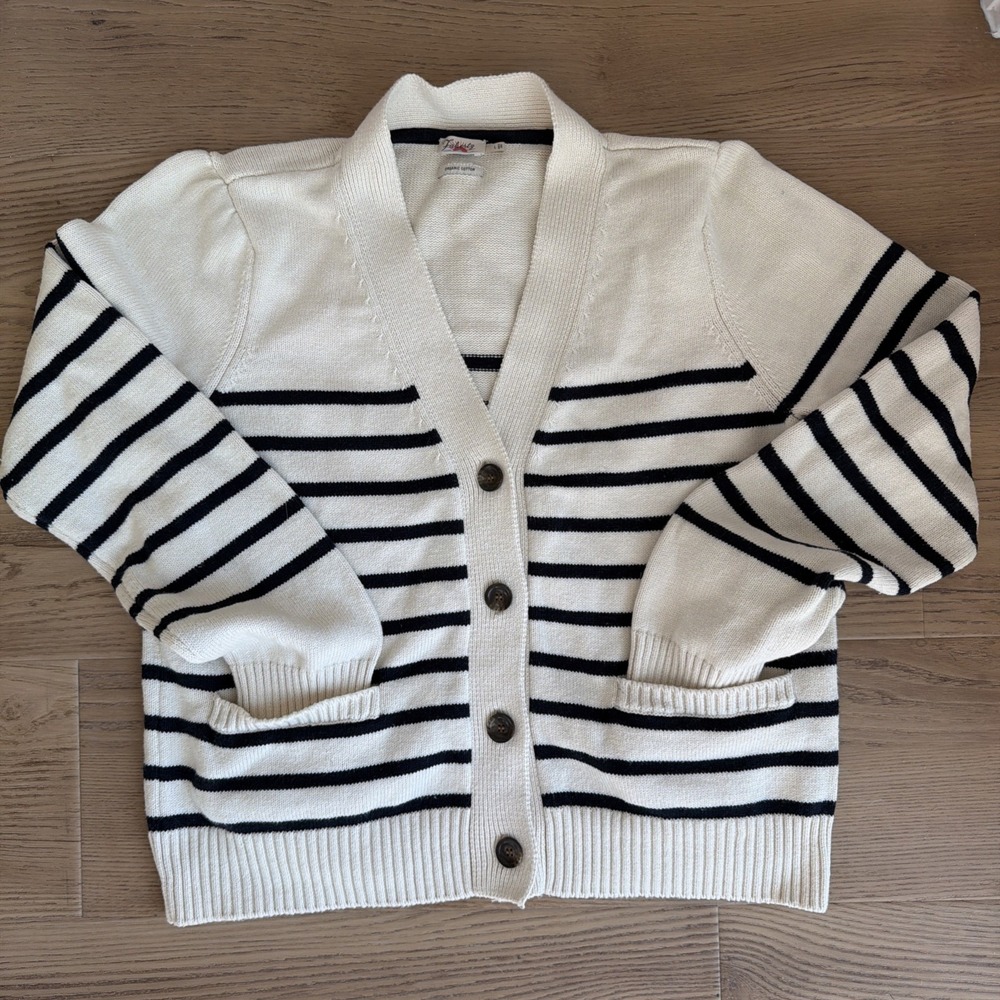 FAHERTY Coastal Stripe Cardigan Sweater Organic Cotton Cashmere Ivory Black sz L